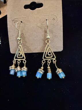 Gold & Light Blue Dangle Triangle Earrings